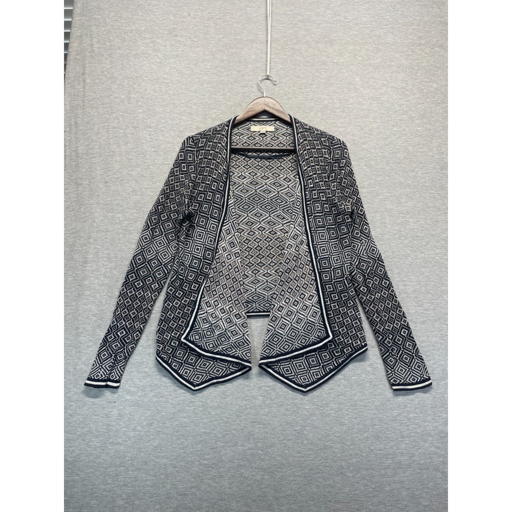 Ann Taylor LOFT Cardigan Sweater Womens M Black White Geometric Print Open Front